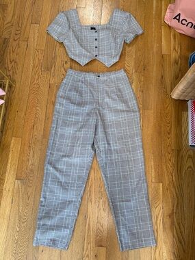 Runs Small! Plaid High-Waist Tapered Pants with Matching Crop Top - Brown/Tan